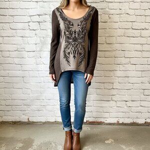 Miss Me Metallic Embellished Long Sleeve Tunic | Brown Tan Wool Blend | Size S